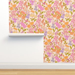 Wildflower Non-Pasted Wallpaper - Wildflower Meadow by ceciliamok - Garden Botanical Floral Flowers 60s Wallpaper Double Roll by Spoonflower