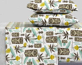 Tiki Tropical Sheets - Island Tiki White by heatherdutton - Midcentury Modern Retro Hawaiian Cotton Sateen Sheet Set Bedding by Spoonflower