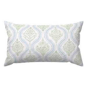 May include: A rectangular pillow with a repeating pattern of stylized green trees and floral elements on a white background. The design includes light blue wavy lines and small dots, creating a symmetrical, nature-inspired aesthetic.