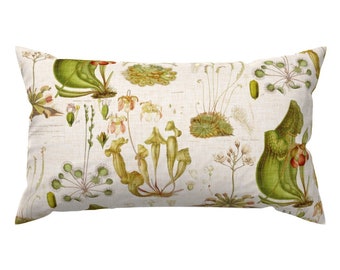 Botanical Lumbar Pillow - Vintage Style Venus Flytrap Sundew  Rectangle Accent Throw Pillow - Carnivorous Plant Illustration by thecalvarium