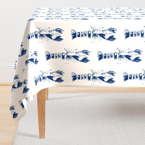 Lobster Print Tablecloth - Lobster White & Navy Wood Block by lisakling - Nautical Nantucket  Cotton Sateen Tablecloth by Spoonflower