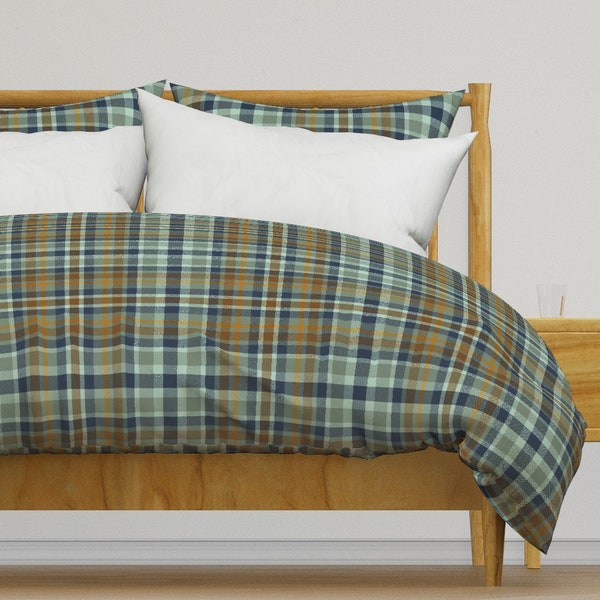 Rustic Plaid Bedding - Plaid Alpine by ronya_lake - Traditional Tartan Earth Tone Cotton Sateen Duvet Cover OR Pillow Shams by Spoonflower