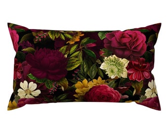 Victorian Botanical Lumbar Pillow - Vintage Roses Dark Red Peony Romantic Antique Rectangle Accent Throw Pillow - Moody Floral by utart