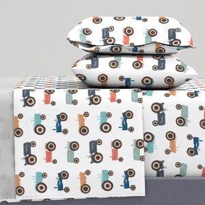 Colorful Tractors Sheets - Vintage Tractors by scarlet_soleil - Country Life Rural Farming  Cotton Sateen Sheet Set Bedding by Spoonflower