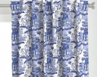 Pagode Chinoiserie Vorhang Panel - Blauer Toile Chinesischer Botanischer Garten Willow Individueller Vorhang Panel - Blaue Weide von whitneyenglish -