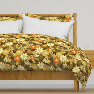 Vintage Style Bedding - 1970s Retro Floral by somecallmebeth - Boho Retro Autumn Cotton Sateen Duvet Cover OR Pillow Shams by Spoonflower