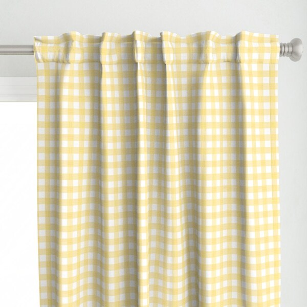 Yellow Curtain Panel - Lemoncello Gingham  by kirstudio -  Bright Gingham Lemon Country Cottagecore Custom Curtain Panel by Spoonflower