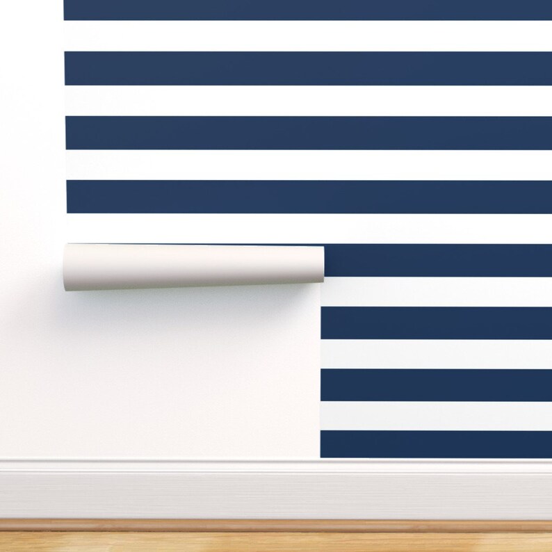 Navy Stripes Wallpaper - Preppy Stripes - Deep Navy by drapestudio - Nautical Lines Coastal Large Scale Wallpaper Double Roll by Spoonflower 
