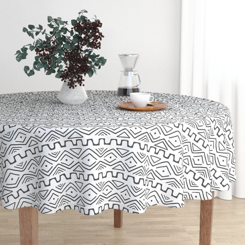 Tribal Cotton Sateen Circle Tablecloth by Spoonflower Mud Cloth Black And White by thewellingtonboot Mud Cloth Round Tablecloth