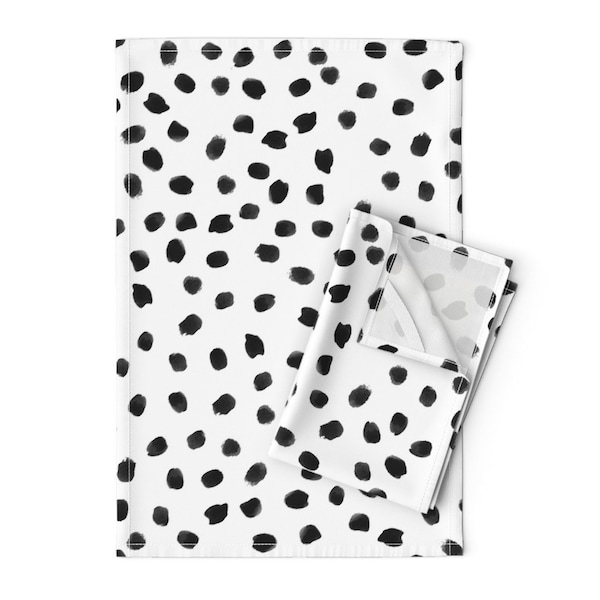 Black And White Tea Towels (Set of 2) - Painted Polka Dots by inspirationz - Modern Polka Dot Linen Cotton Tea Towels by Spoonflower