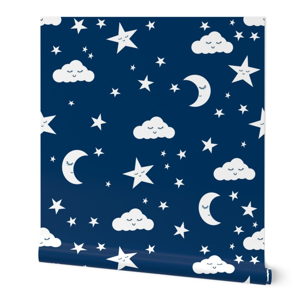 Stars Wallpaper Moon and Stars Navy by Charlottewinter Etsy