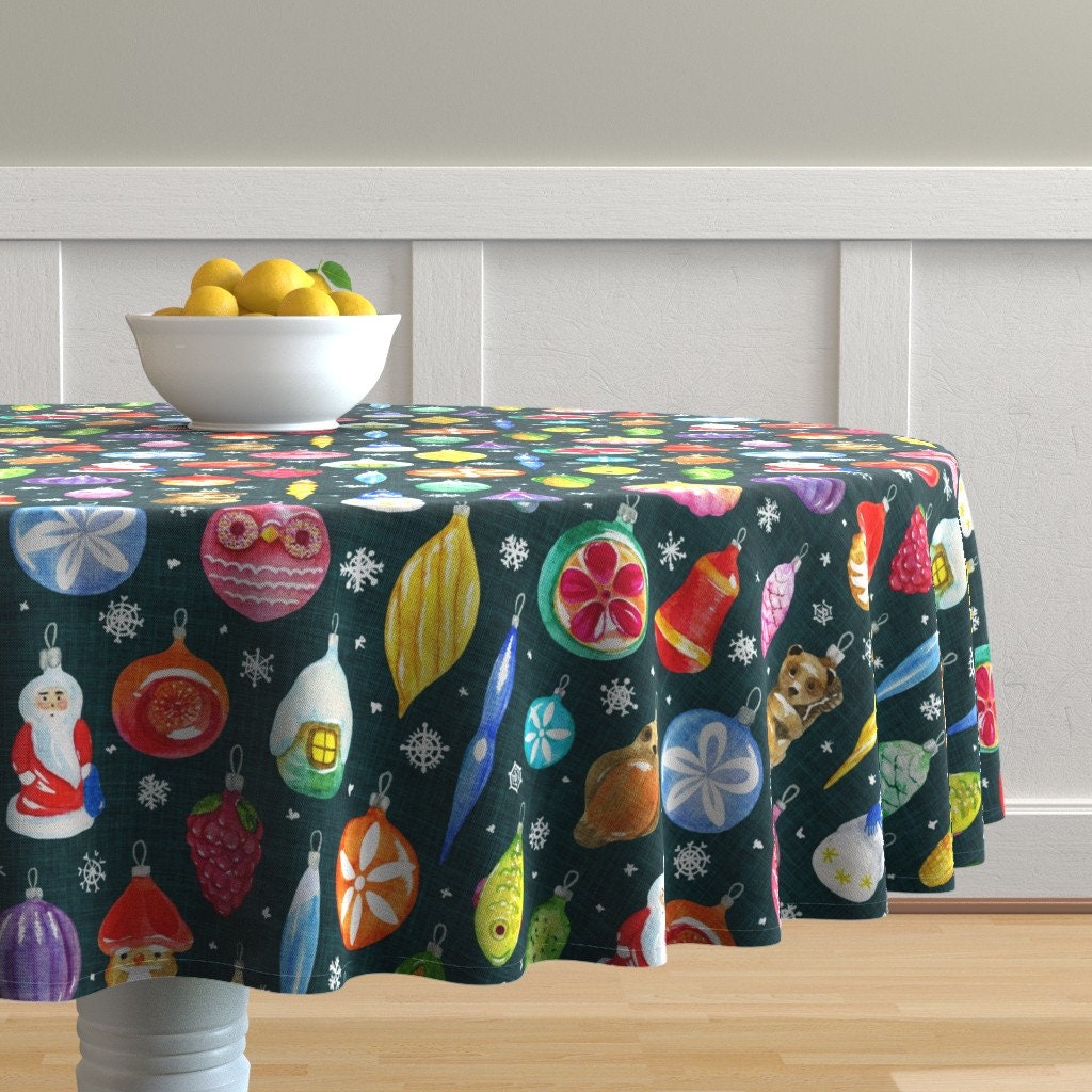 Vintage Christmas Ornaments by katevasilchenko Vintage Table Runner Bright  Colorful Fun Kids Cotton Sateen Table Runner by Spoonflower