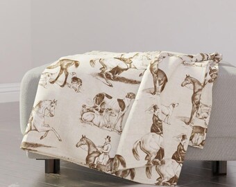 Traditional Throw Blanket - British Countryside Classic Sepia Horses Fox Hunt Throw Blanket - British Equestrian Toile by perrinphilippa