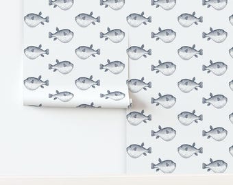Puffer Fish Non-Pasted Wallpaper Nautical Coastal Island Beach Summer - Navy Blowfish by eti_enne Wallpaper by Spoonflower