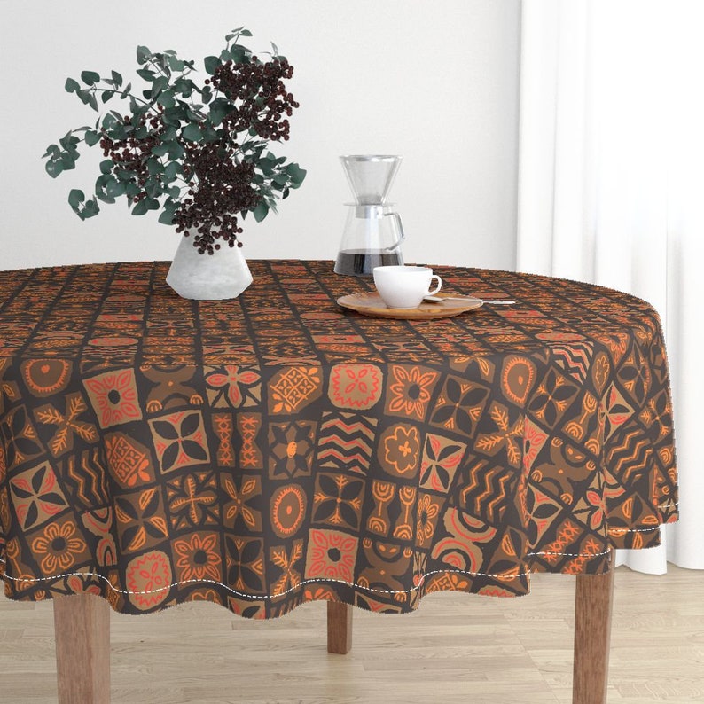 Tapa In Orange And Brown by muhlenkott Vintage Hawaiian Cotton Sateen Circle Tablecloth by Spoonflower Retro Tiki Round Tablecloth