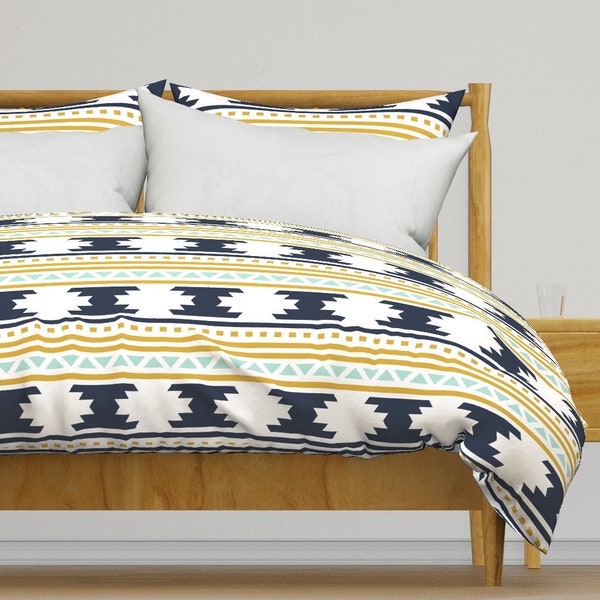 Boho Bedding - Navy Aztec Stripe by ivieclothco - Triangles Geometric Aqua Gold Cotton Sateen Duvet Cover OR Pillow Shams by Spoonflower