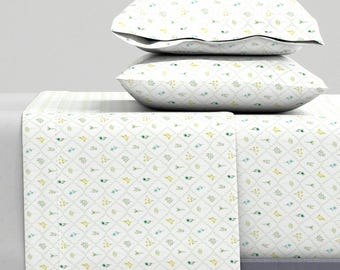 Cottage Floral Sheets - Scalloped Diamond Floral by erikafirm - Spring Flowers Traditional Cotton Sateen Sheet Set Bedding by Spoonflower