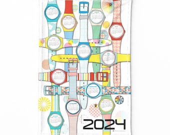 2024 Calendar Tea Towel - Time Warp Watches by pennycandy - Retro Watches Bright Pastels Linen Cotton Canvas Tea Towel by Spoonflower