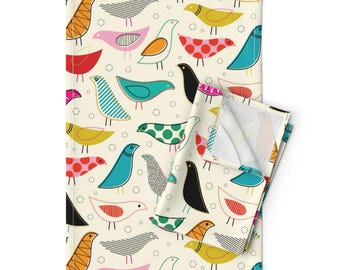 Set di 2 strofinacci da cucina Mod Birds - Stile moderno di metà secolo, colorato, arcobaleno, retrò, vintage, in lino e cotone - Un omaggio all'uccellino domestico di katerhees