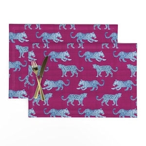 Exotic Animal Placemats (Set of 2) - Leopard Parade Blue On Magenta by danika_herrick - Jungle Leopard Safari Cloth Placemats by Spoonflower