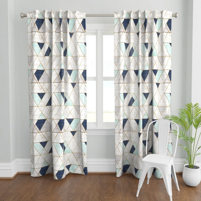 Geometric Curtain Panel Mod Triangles Navy Mint by Etsy