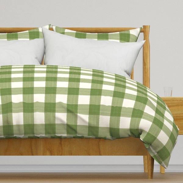 Check Bedding - Olive And Cream Buffalo Plaid by danika_herrick - Stripe Green Cotton Sateen Duvet Cover OR Pillow Shams by Spoonflower