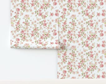 Pink And White Non-Pasted Wallpaper Rose Garden Botanicals Flowers Shabby Chic - June Roses Pink by lilyoake Wallpaper by Spoonflower