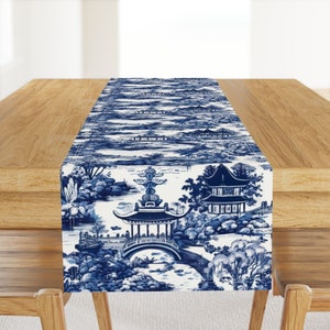 Chinoiserie Table Runner - Chinoiserie Toile by creativsupply - Pagoda Asian Art Tea House Cotton Sateen Table Runner by Spoonflower