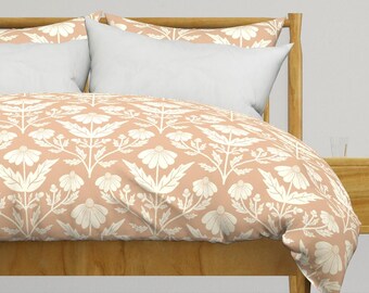 Vintage Floral Bedding - Daisy Block Print Pink by sofigraceillustration - Retro Cotton Sateen Duvet Cover OR Pillow Shams by Spoonflower