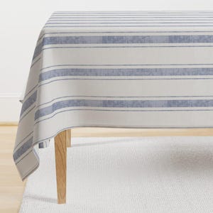 Faded Blue Stripe Tablecloth - Ticking Stripe by holli_zollinger - Ticking Stripe Distressed Cotton Sateen Tablecloth by Spoonflower