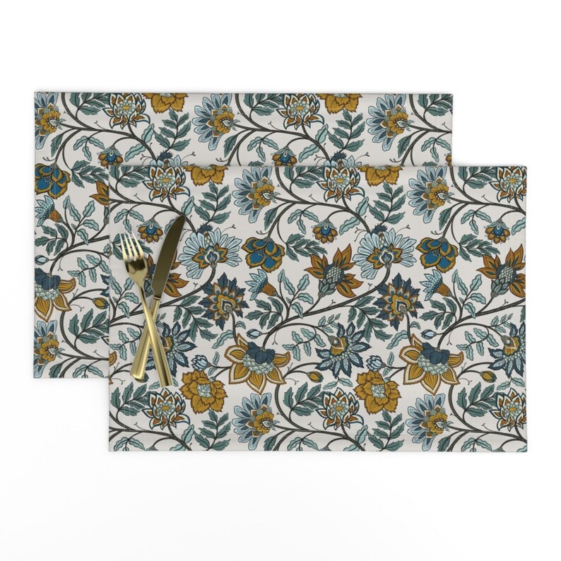 Jacobean Placemats set of 2 Indienne Navy and Mustard by Etsy