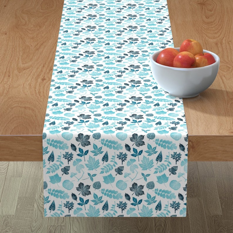 Leaves by wideeyedtree Fall Foliage Table Runner Blue Leaves Leaf Forest Nature Fall Cotton Sateen Table Runner by Spoonflower