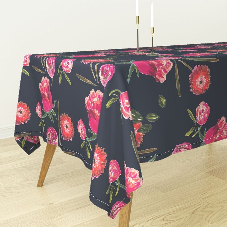 Watercolor Floral Tablecloth Tulips Cotton Sateen Tablecloth by Spoonflower Moody Flowers Midnight Blue by juliaschumacher