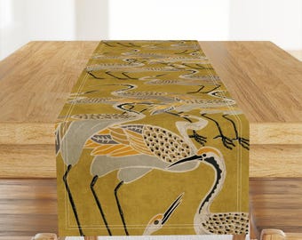 Gold Chinoiserie Table Runner - Vintage Cranes Stork Heron Light Cream Cotton Sateen Table Runner - Deco Cranes by shellyreneedesigns