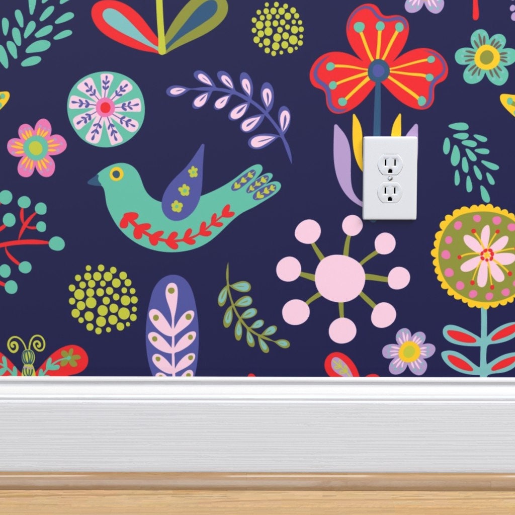 Scandinavian Flowers Wallpaper Folk Art Pattern on Purple by | Etsy