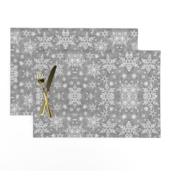 Christmas Placemats (Set of 2) - Festive Flakes by floramoon - Snowflakes Winter Snow Blizzard Snowfall Gray Cloth Placemats by Spoonflower