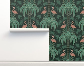 Papel pintado tropical Art Déco sin adhesivo con diseño de flamencos tropicales (palmeras y flamencos) de hannahshields. Rollo doble de papel pintado de Spoonflower.