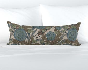 Art Nouveau XL Lumbar Pillow - Garden Botanical Texture Olive Extra Large Rectangle Lumbar Pillow - Wildflower Olive And Blue by jen_owens -