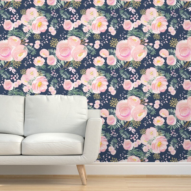 Pink Floral Commercial Grade Wallpaper Navy Floral Pink and Etsy