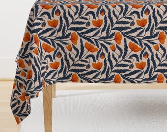 Botanical Tablecloth - Poppy Flower Blue And Orange by denesannadesign - Chintz Florals Orange Poppy Cotton Sateen Tablecloth by Spoonflower