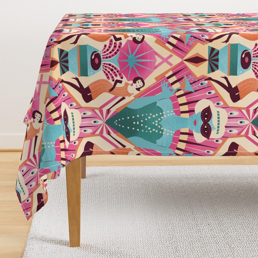 Art Deco Tablecloth Cocktail Party by miraparadies Festive Glamour Jazz Peacock Flappers Vintage Cotton Sateen Tablecloth by
