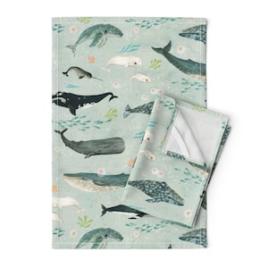 Whales Tea Towels (Set of 2) - Whale Whispers  by katherine_quinn - Green Blue Orange Fish Sea Ocean Linen Cotton Tea Towels by Spoonflower