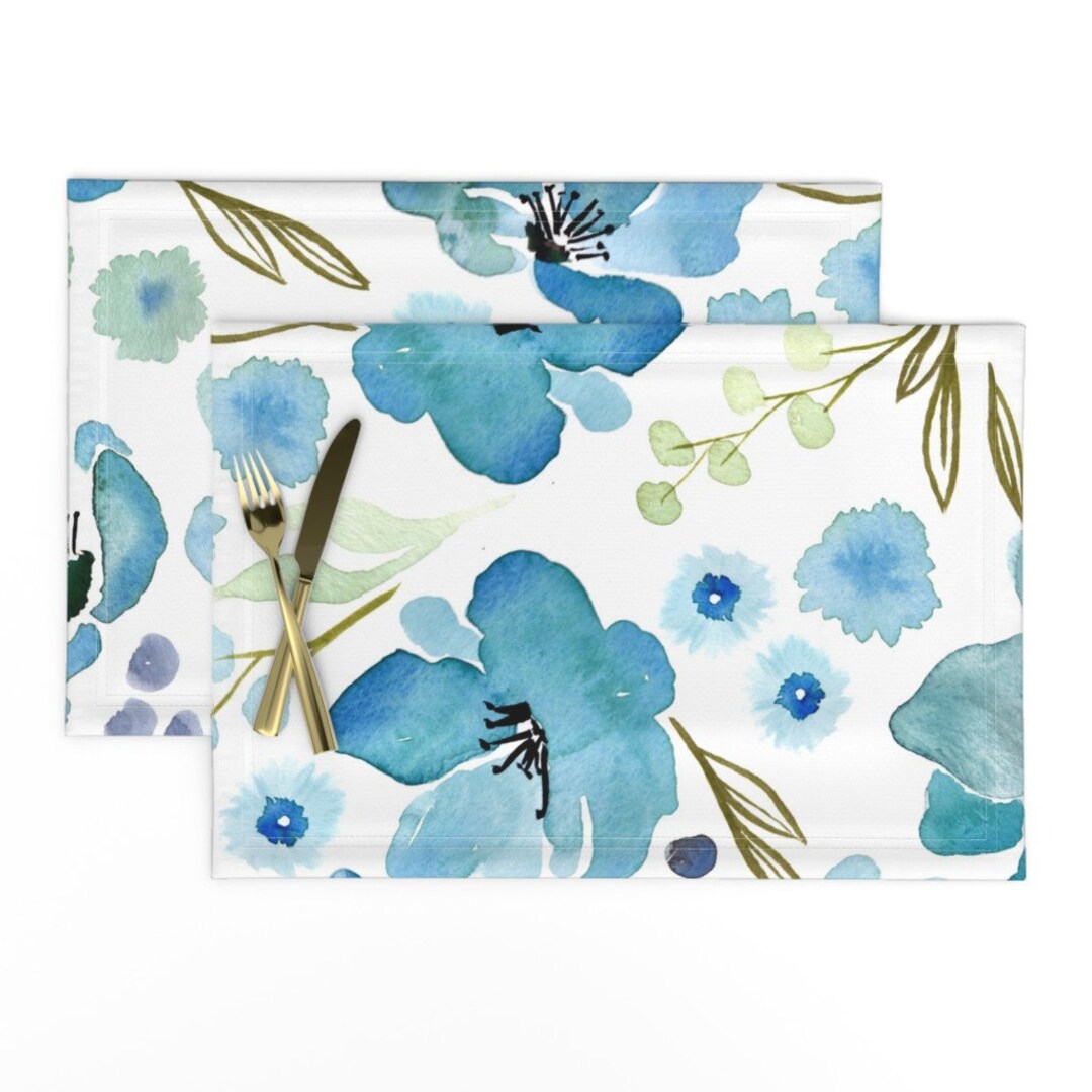 Watercolor Placemats set of 2 Blue Spring by Mint_tulips Floral Vintage