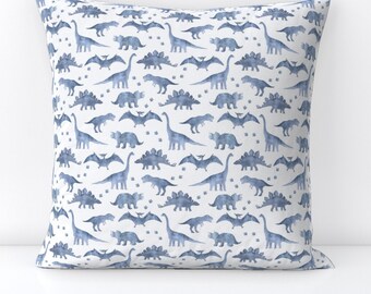 Gray Blue Dinosaur Throw Pillow - Watercolor Dinos Blue by cozycottontail - Watercolor  Decorative Square Throw Pillow by Spoonflower