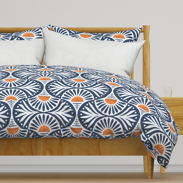 Bold Abstract Bedding - Art Deco Sunset by de_koro -  Dark Blue Orange Leaves Deco Cotton Sateen Duvet Cover OR Pillow Shams by Spoonflower