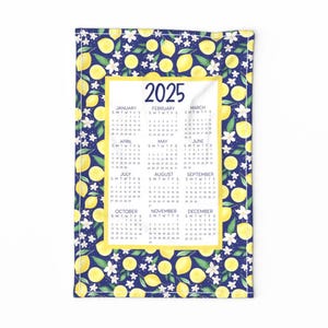 2025 Calendar Tea Towel - Juicy Lemons Navy by kristeninstitches - Citrus Tea Towel Calendar Linen Cotton Canvas Tea Towel by Spoonflower