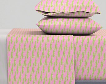 Pink Gators Sheets - Palm Beach Preppy Alligator by lisakling - Green Lime Crocodile Reptile Cotton Sateen Sheet Set Bedding by Spoonflower