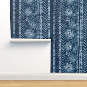 Indigo Stripe Non-Pasted Wallpaper - Shibori Kyokai Stripes by hnldesigns - Shibori Botanical Wallpaper Double Roll by Spoonflower