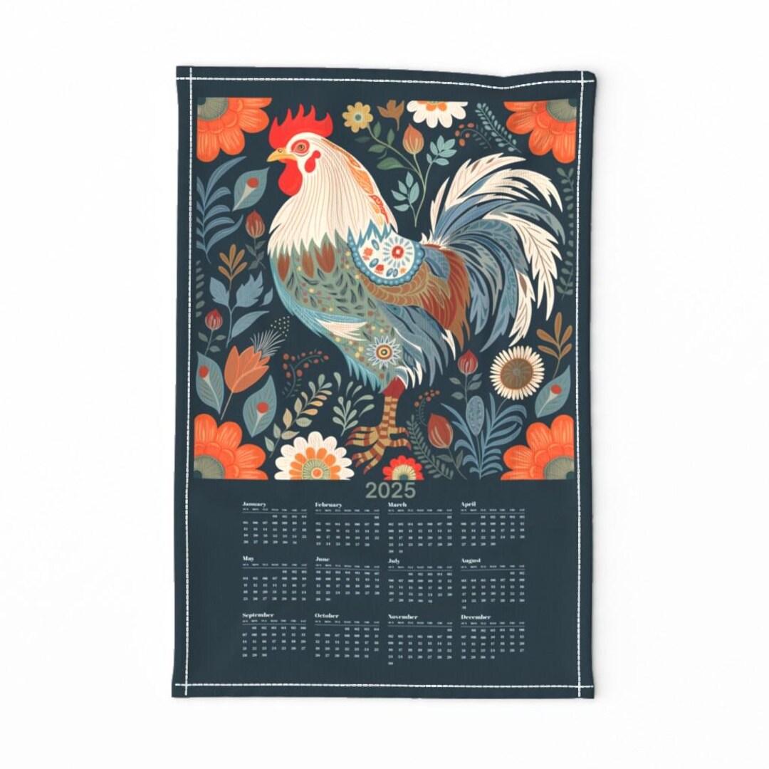 2025 Calendar Tea Towel Folk Rooster by Maddartstudios Farmhouse