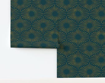 Minimal Art Deco Non-Pasted Wallpaper Boho Glam 1920s Glamour Celestial Blue - Art Deco Sunshine by hitomikimura Wallpaper by Spoonflower